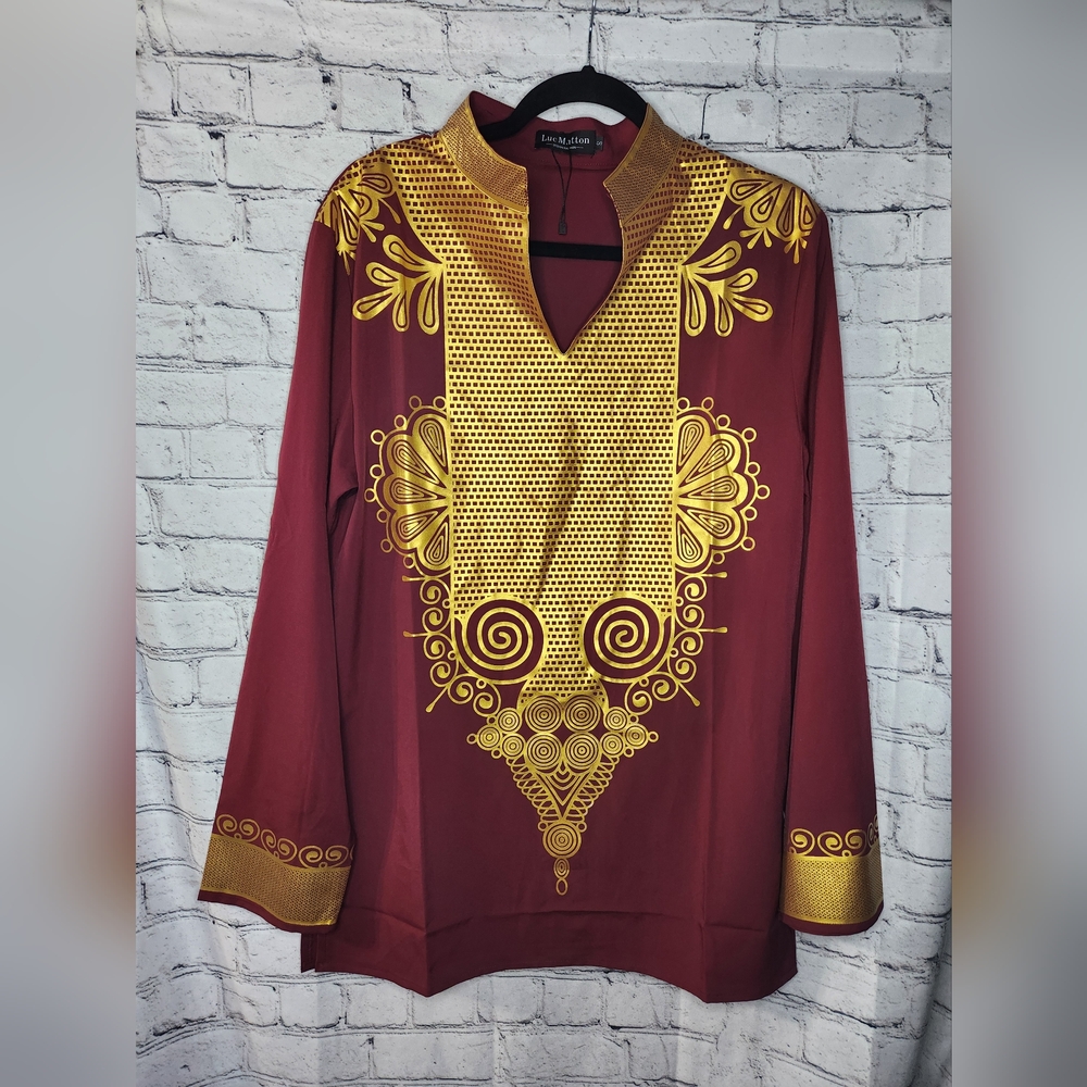Luc Matton Men's Traditional Dashiki Maroon Gold‎ Shirt Size Small
